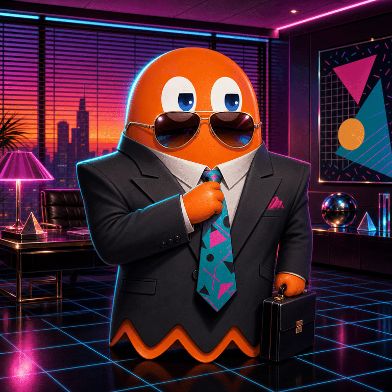 Clyde the orange arcade ghost wearing a power suit, patterned tie, and aviator sunglasses in a neon 1980s office